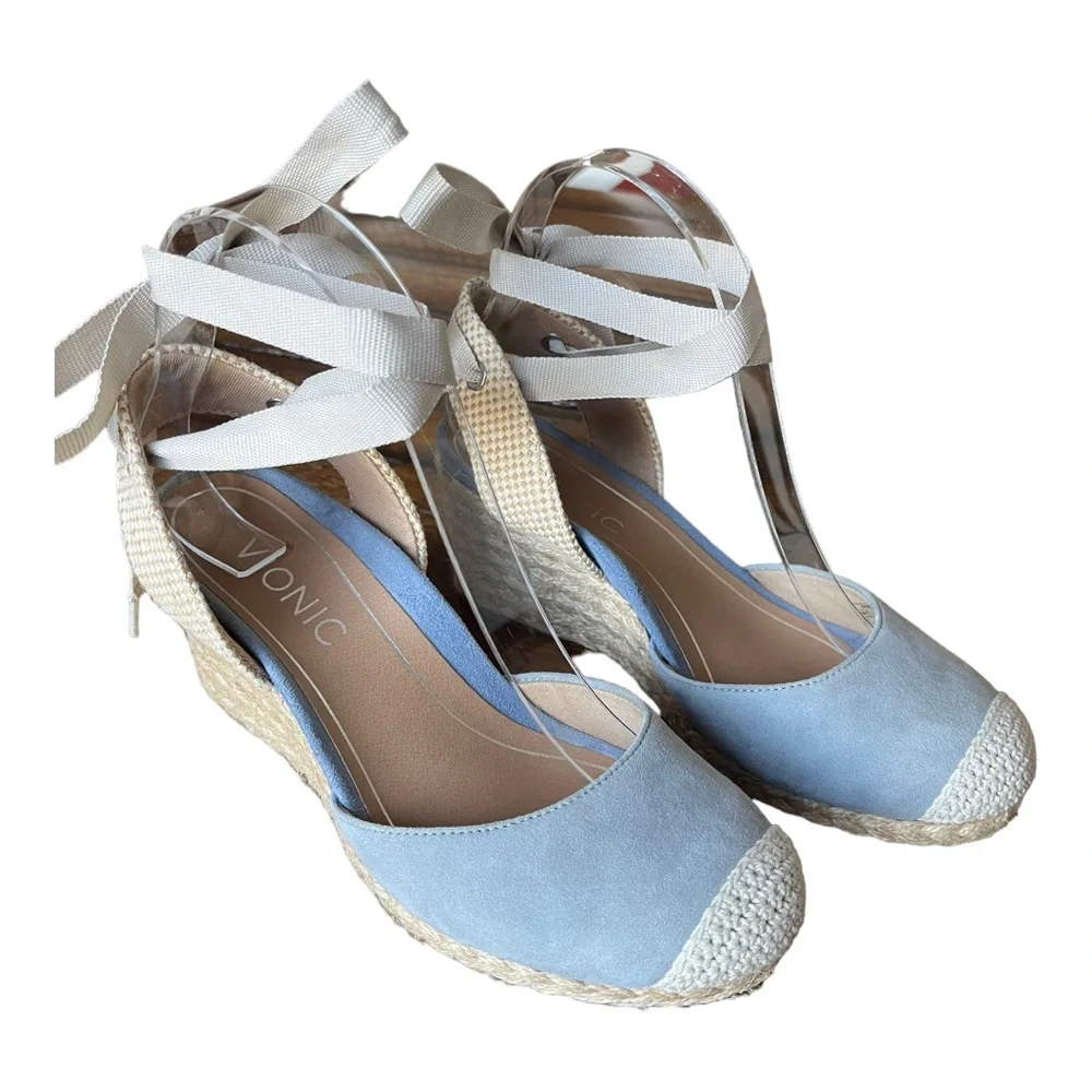 Vionic Espadrille Wedges Strappy Tie Aruba Maris Blue and Khaki